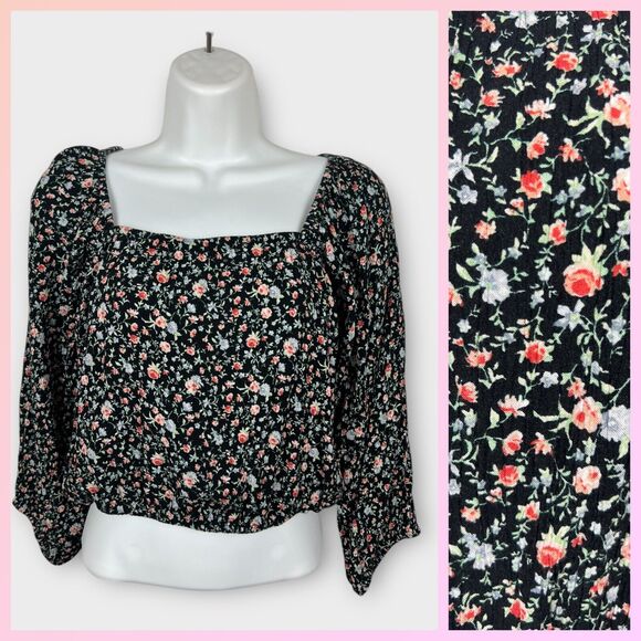 American Eagle Black Pink Floral Ballon Sleeve Tie Open Back Cropped Blouse XS - Picture 1 of 8